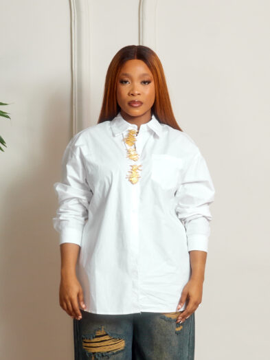 WHITE  GOLD GRAPHITTI BUTTON DETAIL SHIRT
