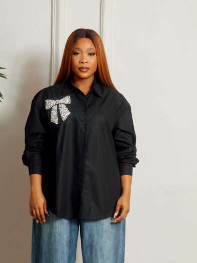 BLACK OVERSIZED SHIRT WITH MASSIVE EMBELLISHED BOW DETAIL