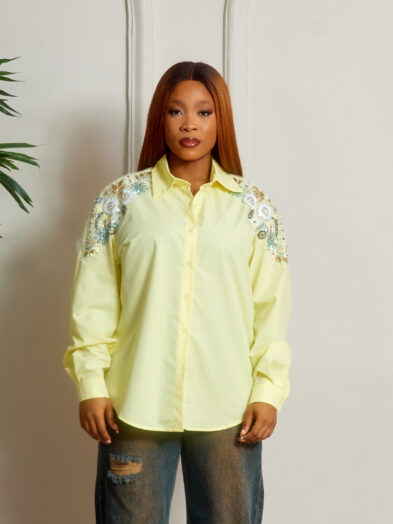 YELLOW MIXED SEQUIN TRIMMING ON SHOULDERS SHIRT