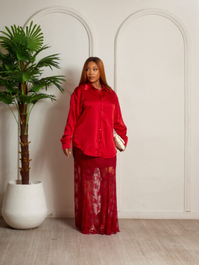 WINE SILK WITH CHANTILLY INSERT SHIRT X LACE SKIRT SUIT SET