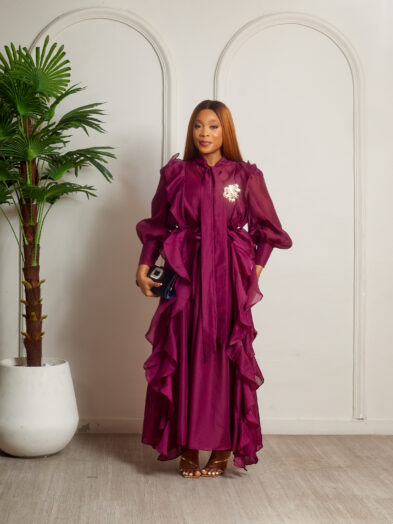 AUBERGINE GOLD BROOCH MULTIFRILL SHIRT DRESS