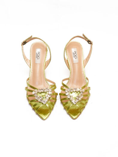 POG A2256-25 AYOO OBA OLIVE EMBELLISHED HEART REPTILE CAGED SLING BACK SHOES
