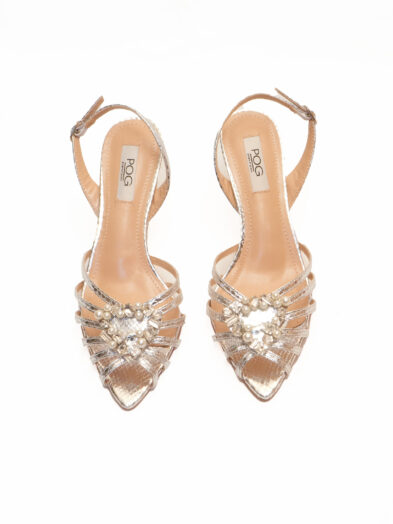 POG A2256-25 AYOO OBA SILVER EMBELLISHED HEART REPTILE CAGED SLING BACK SHOES