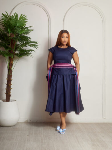 SASHES X HIDES NAVY IRREGULAR SHAWL PEPLUM SKATER DRESS