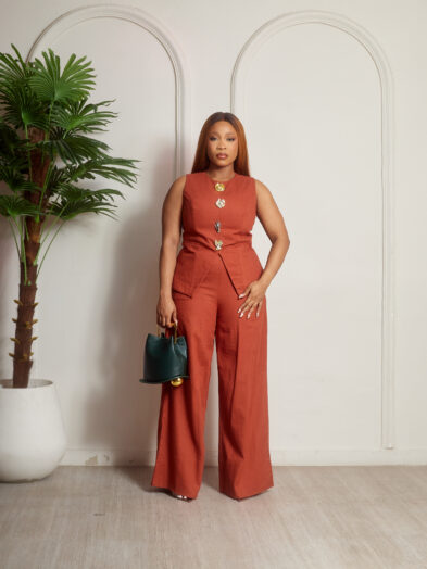 SASHES X HIDES RUST LINEN MIXED BUTTONS WAISTCOAT PANT SUIT SET