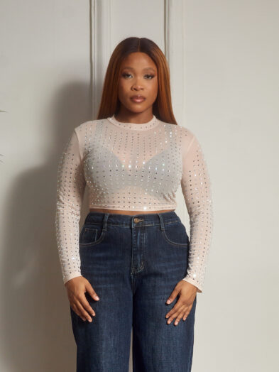 (2FOR40K) BEIGE MESH SPARKLY CROP TOP