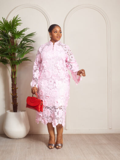 PINK PETAL DETAIL GUIPURE LACE CAFTAN