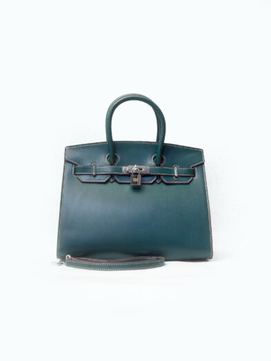 GREEN 30CM SMOOTH LEATHER SILVER FINISH HSISTER GRAB HANDLE BAG