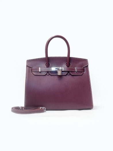 DARK BERRY 30CM SMOOTH LEATHER SILVER FINISH HSISTER GRAB HANDLE BAG