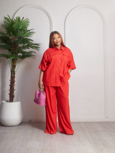 (2FOR55K) RED DOUBLE POCKET BOX SHIRT & PANT SUIT SET
