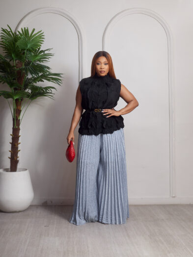 BLACK SILVER CRINKLED MIYAKI TOP X SHIMMER PLEATED PANTS SUIT SET