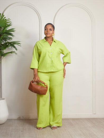 (2FOR75K)LIME LINEN CONTRAST BUTTON PANT SUIT SET