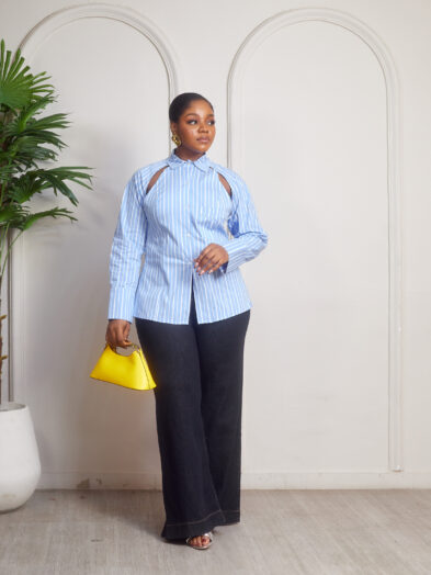 ZR BLUE STRIPE BACK BUTTON CUT OUT SHIRT