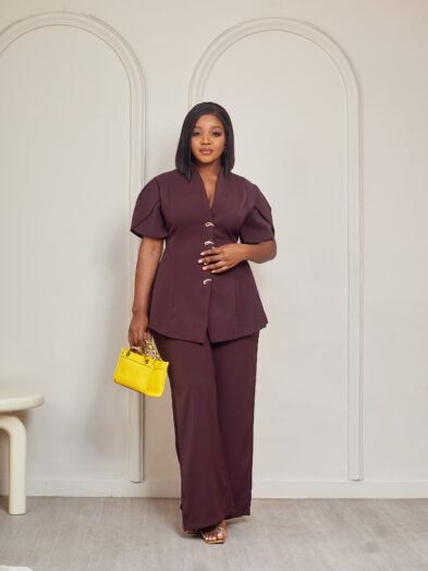 ZR COFFEE PEPLUM BEAN GOLD BUTTON PANT SUIT SET