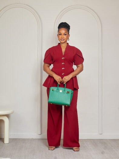 ZR PLUM PEPLUM BEAN GOLD BUTTON PANT SUIT SET