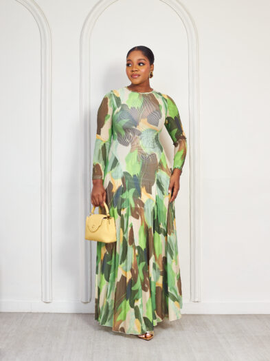 (2FOR45K)GREEN FLORAL DOLL BELTED MESH MAXI