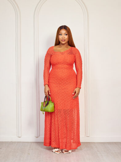 (2FOR55K)KUKU ORANGE BUBBLE KNIT MAXI BODYCON DRESS