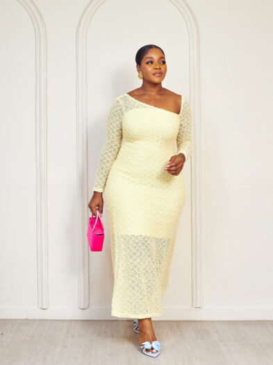 (2FOR55K)KUKU YELLOW BUBBLE KNIT MAXI BODYCON DRESS