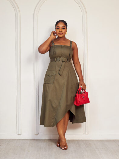 MAX KHAKI ONE POCKET MILITARY STRAP BELTED SKATER DRESS