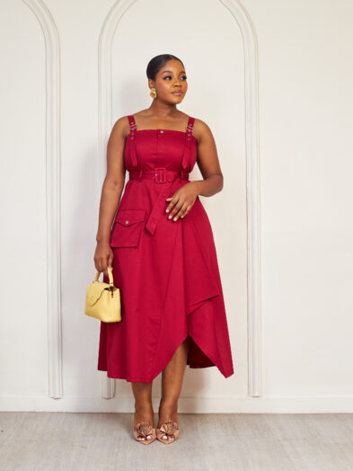 MAX BERRY ONE POCKET MILITARY STRAP BELTED SKATER DRESS
