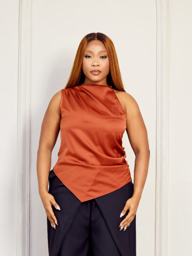 JODIE RUST SILK SIDE DRAPED ASSYMETRIC TOP