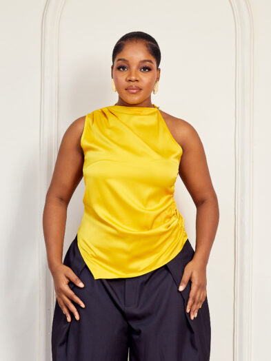 JODIE MUSTARD SILK SIDE DRAPED ASSYMETRIC TOP