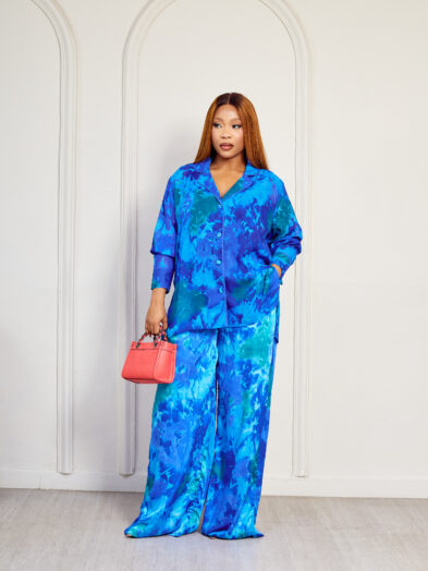 SASHES X HIDES INDIGO N GREEN ADIRE CRACK PRINT BIAS DETAIL SUIT SET