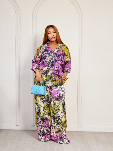 SASHES X HIDES PINK N LIME ADIRE DRYWOOD PRINT BIAS DETAIL SILK CHIFFON SUIT SET