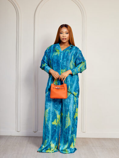 SASHES X HIDES PETROL N LIME ADIRE WATER PRINT BIAS DETAIL SILK CHIFFON SUIT SET