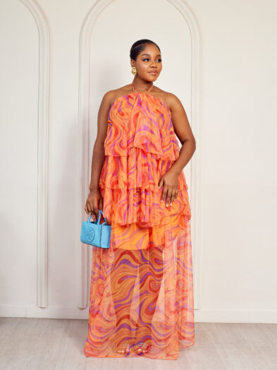 (2FOR80K)ORANGE MESH PAISELY PRINT LAYERED BARDOT TOP & SKIRT SET