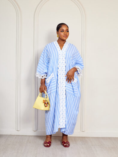 (2FOR75K)BLUE LACE INSERT DOUBLE POCKET STONE CAFTAN