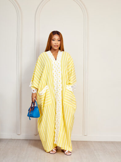 (2FOR75K)YELLOW LACE INSERT DOUBLE POCKET STONE CAFTAN