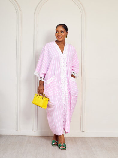 (2FOR75K)PINK  LACE INSERT DOUBLE POCKET STONE CAFTAN