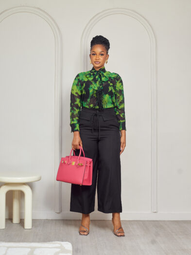 OMN GREEN TYE PRINT BEADED FRINGE DETAIL SHIRT