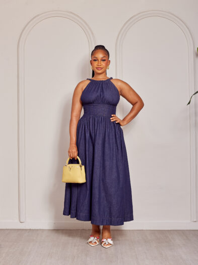 BLUE DENIM BLUE RING PEBBLE STRAP DOLL MIDI DRESS