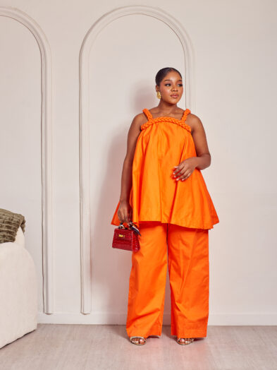 SASHES X HIDES ORANGE WOVEN STRAP SWING TOP X PANT SUIT SET
