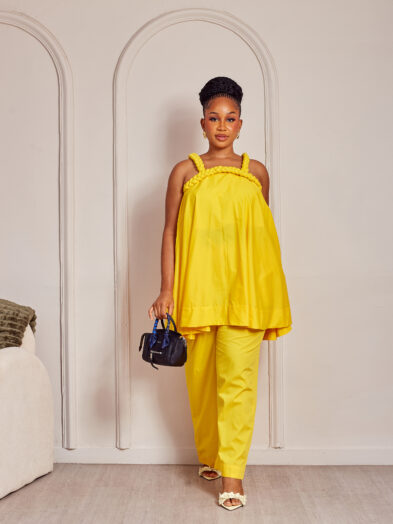 SASHES X HIDES YELLOW WOVEN STRAP SWING TOP X PANT SUIT SET