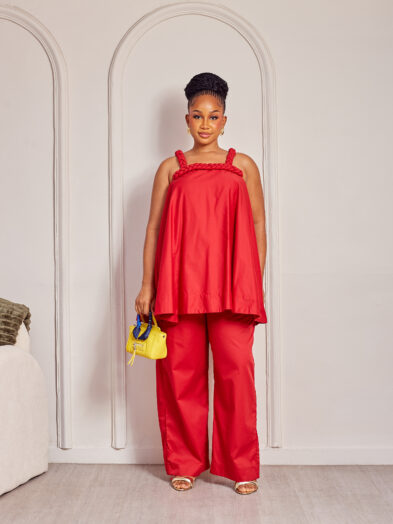 SASHES X HIDES RED WOVEN STRAP SWING TOP X PANT SUIT SET