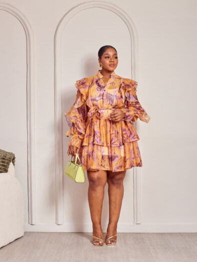ORANGE X PURPLE PRINT MULTIFRILL SHIFT DRESS