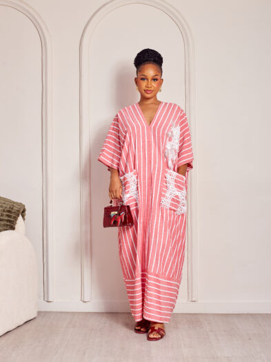 (2FOR75K)RED STRIPE EMBELLISHED PETAL DETAIL CAFTAN