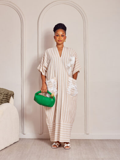 (2FOR75K)NUDE STRIPE EMBELLISHED PETAL DETAIL CAFTAN