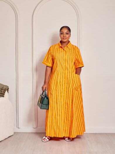 (2FOR80K)MAT 3173 ORANGE STRIPE DOUBLE POCKET MAXI SHIRT DRESS