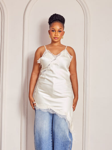 IVORY CHANTILLY INSERT ASSYMETRIC LONG TOP