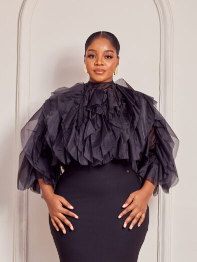 BLACK TAPHETTA FUZZY FRILL TOP
