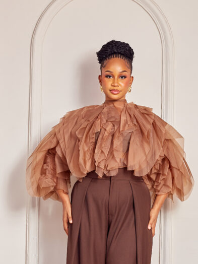 BRONZE TAPHETTA FUZZY FRILL TOP