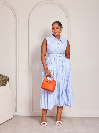 (2FOR60K)ZR BLUE STRIPE CHARM BUTTON PLEATED SHIRT DRESS