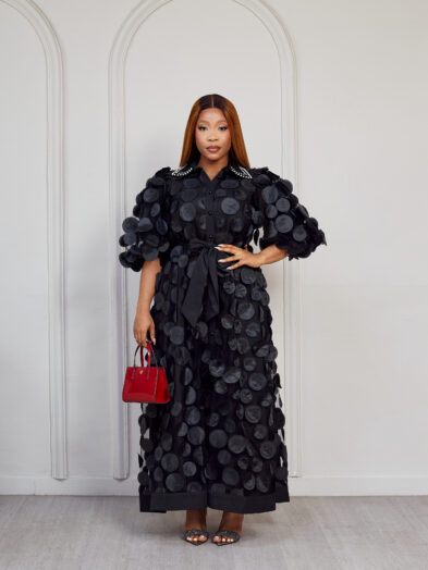 BLACK ROUND PETAL STONED COLLAR MIDI SHIRT DRESS