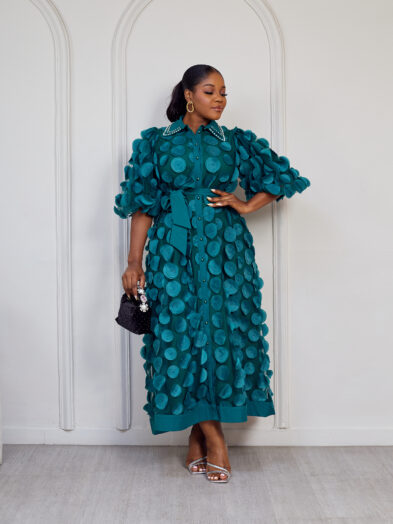GREEN ROUND PETAL STONED COLLAR MIDI SHIRT DRESS