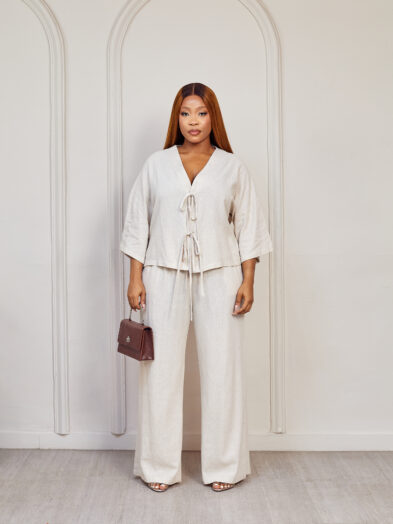 (2FOR80K)BEIGE FRONT TIE LINEN PANT SUIT SET