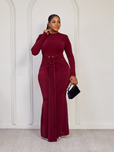 BURGUNDY JERSEY URING DRAPED MAXI DRESS